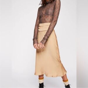 Free People Gold/Champagne Sateen Midi Skirt